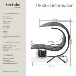 Tectake Hanging Chair Elaria - Large Sun Canopy With Uv-Protection, Sturdy - Grey - 1 - thumbnail 6