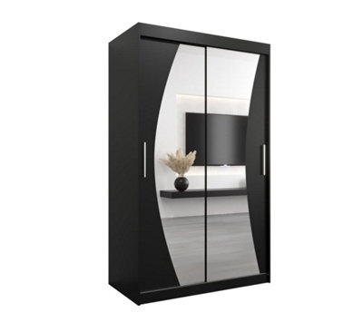 Arte Wave Contemporary 2 Mirrored Sliding Door Wardrobe 5 Shelves 2 Rails Black Matt (H)2000mm (W)1200mm (D)620mm - image 1
