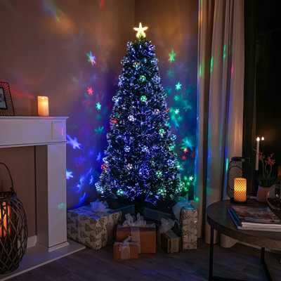 7Ft (210Cm) Green Fibre Optic Christmas Tree With Multi-Coloured Led Lights And Baubles