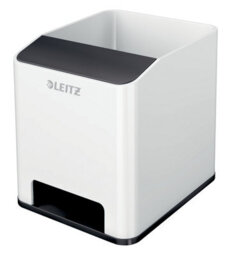 Leitz Wow White Black Plastic Home Office Desktop Storage Organiser Square Sound Boosting Pen Pencil Stationery Tidy Holder Pot