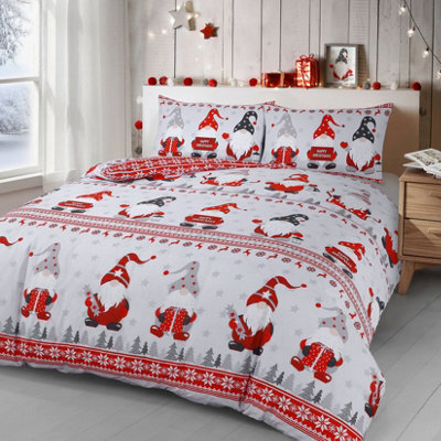 Velosso Whimsical Gnome Print Duvet Cover & Pillowcase Set, Christmas Bedding, Button Enclosure, Machine Washable Holiday Bed Linen - Red
