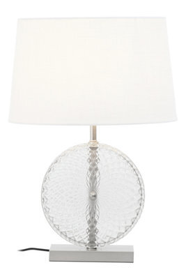 Orsina Glass And Brushed Chrome Table Lamp, Round Cut Glass And Chrome Base, White Linen Shade Lighting - image 1
