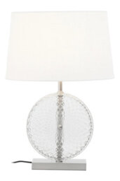 Orsina Glass And Brushed Chrome Table Lamp, Round Cut Glass And Chrome Base, White Linen Shade Lighting - thumbnail 1
