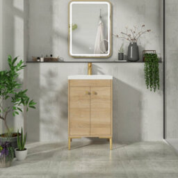 Royal Bathrooms Verona 500mm Natural Oak Floor Standing Bathroom Vanity Unit 2 Door With Mid-Edge Basin & Brushed Brass Knob - thumbnail 4