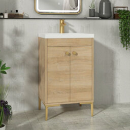 Royal Bathrooms Verona 500mm Natural Oak Floor Standing Bathroom Vanity Unit 2 Door With Mid-Edge Basin & Brushed Brass Knob - thumbnail 1
