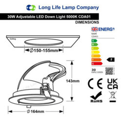 Long Life Lamps Company 30W Led Downlight Adjustable Commercial Recessed White Ceiling Spot Light 5000K Cda01 - thumbnail 2