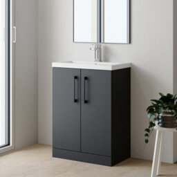 Balterley Bramshall Compact Bathroom Cloakroom Vanity Basin Unit With Polymarble Basin, Black Handles, 600mm, Satin Dark Grey - thumbnail 4
