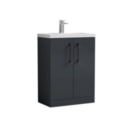 Balterley Bramshall Compact Bathroom Cloakroom Vanity Basin Unit With Polymarble Basin, Black Handles, 600mm, Satin Dark Grey