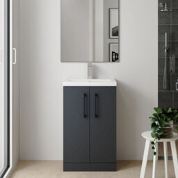 Balterley Bramshall Compact Bathroom Cloakroom Vanity Basin Unit With Polymarble Basin, Black Handles, 600mm, Satin Dark Grey - thumbnail 2