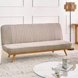 Wyld and Coco Luxora 2-Seater Sofa Bed In Light Brown Fabric Upholstery, Tufted Backrest, Wood-Effect Metal Legs, Armless - thumbnail 2