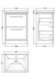 Balterley Longnor Modern Bathroom Floor Standing 2-Drawer Vanity Unit With Fireclay Basin, Coastal Grey, 600mm - thumbnail 5