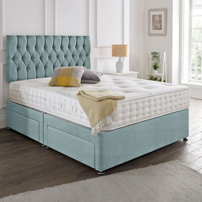 Dining Tables Beirut Matching Headboard Divan Set, 2 Drawer On Same Side With Sprung 1500 Comfort Mattress - Chenille Pale Blue - King - image 1
