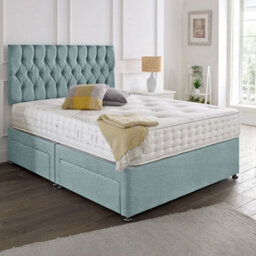 Dining Tables Beirut Matching Headboard Divan Set, 2 Drawer On Same Side With Sprung 1500 Comfort Mattress - Chenille Pale Blue - King - thumbnail 1