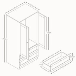 Lassic Vida Designs Altino 2 Door 2 Drawer Wardrobe With Handing Rail Bedroom Storage Cabinet, H 170 X W 77 X D 53 Cm, Grey - thumbnail 3