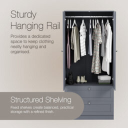 Lassic Vida Designs Altino 2 Door 2 Drawer Wardrobe With Handing Rail Bedroom Storage Cabinet, H 170 X W 77 X D 53 Cm, Grey - thumbnail 6