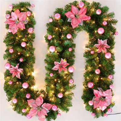 Amorly 2.7M Pink Pre Lit Christmas Garland, Artificial Rattan Flower Vine With Lights, Illuminated Greenery Garland For Christmas Decor - image 1