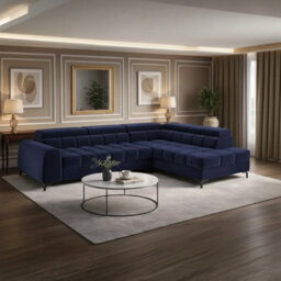 Aurelio L Shape Corner Sofa Bed With Storage And Adjustable Headrests, Modern Sleeper Sofa 268X204 Cm Navy Blue Right
