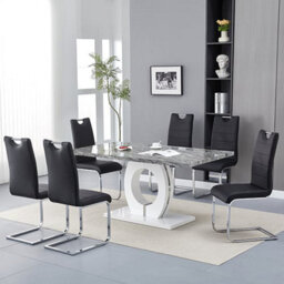 Furniture In Fashion Halo Melange Marble Effect Dining Table 6 Petra Black Chairs - thumbnail 1