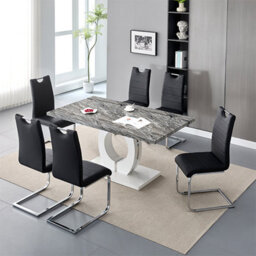 Furniture In Fashion Halo Melange Marble Effect Dining Table 6 Petra Black Chairs - thumbnail 2