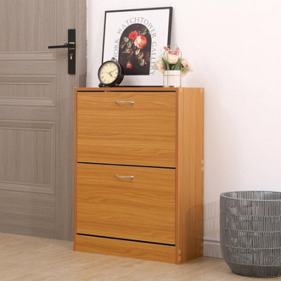 Avc Designs 2 Drawer Shoe Storage Cabinet Wooden Freestanding Footwear Rack Unit For Hallway Or Entryway (Pine) - image 1