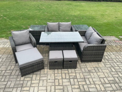 Fimous 8 Seater Rattan Furniture Garden Dining Set Outdoor Height Adjustable Rising Lifting Table Love Sofa Chair For Terrace - image 1