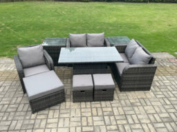 Fimous 8 Seater Rattan Furniture Garden Dining Set Outdoor Height Adjustable Rising Lifting Table Love Sofa Chair For Terrace - thumbnail 2