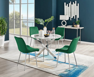 Furniturebox Novara White Marble Effect 100Cm Round Dining Table With Chrome Starburst Legs & 4 Green Velvet Pesaro Chairs - image 1