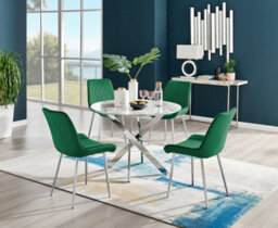 Furniturebox Novara White Marble Effect 100Cm Round Dining Table With Chrome Starburst Legs & 4 Green Velvet Pesaro Chairs