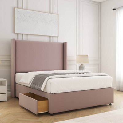 Bsspoke Austin Divan Bed Pink Plush Velvet 54Inch Wingedback Headboard 2 Drawers Footend & Mattress In All Sizes - image 1