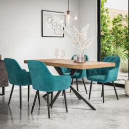 More4Homes Donni Dining Table And Chairs -  Oak Effect Table Top W Black Legs + Anika Velvet Dining Chair Set Of 6 (Blue)