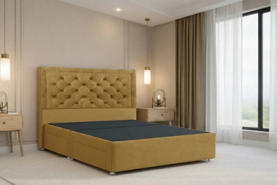 "Nexus Tuscany Mustard Plush Divan Bed Base No Drawers With 54"" Floor Standing Headboard 2'6 Small Single" - image 1