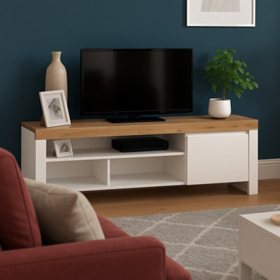 Impact Furniture White Tv Unit Storage Cabinet 156Cm Media Stand Unit For Up To 65 Inch Tv Bedroom Living Room White Gloss And Oak Holten - image 1