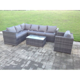 Fimous Grey Rattan Corner Sofa Set Outdoor Garden Furniture Coffee Table Chair Oblong Coffee Tea Table - thumbnail 1