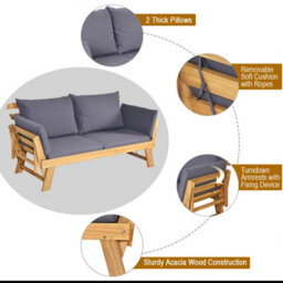 Costway Outdoor Daybed Patio Convertible Couch Sofa Bed Wood Folding Chaise Lounge Bench - thumbnail 5