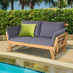 Costway Outdoor Daybed Patio Convertible Couch Sofa Bed Wood Folding Chaise Lounge Bench - thumbnail 9