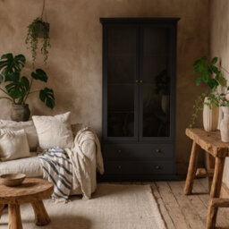 Wyld Haus Osaka Farmhouse Dark Grey Charcoal Display Cabinet With 2 Drawers, 2 Glass Doors And 3 Shelves - thumbnail 1