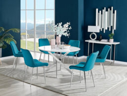 Furniturebox Novara White High Gloss 120Cm Round Dining Table With Chrome Starburst Legs & 6 Blue Pesaro Velvet Chairs - thumbnail 1