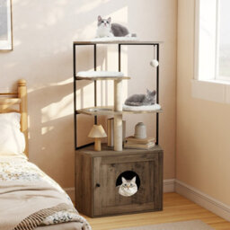Costway Modern Cat Cabinet Cat Tree With Litter Box Enclosure-Grey - thumbnail 7