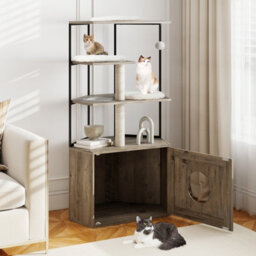 Costway Modern Cat Cabinet Cat Tree With Litter Box Enclosure-Grey - thumbnail 3