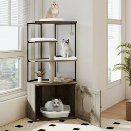 Costway Modern Cat Cabinet Cat Tree With Litter Box Enclosure-Grey - thumbnail 9