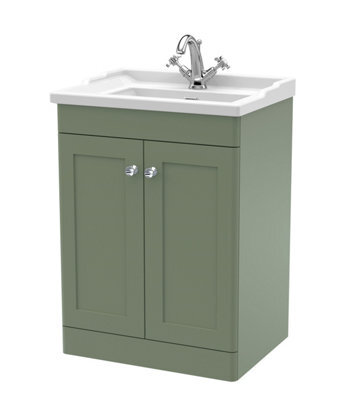 Balterley Swynnerton Traditional 2 Door Floor Standing Vanity Unit With Basin, Satin Green, 600mm - image 1