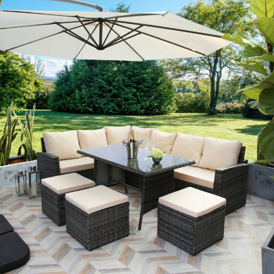 Pelias Corner Sofa Set(Grey/beige), Rattan Garden Furniture 9 Seater With Weatherproof Cushions - image 1
