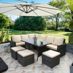 Pelias Corner Sofa Set(Grey/beige), Rattan Garden Furniture 9 Seater With Weatherproof Cushions - thumbnail 1