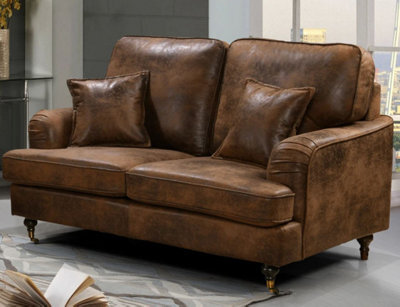 2 Seater Sofa In Faux Leather Suede Brown With Plain Cushions - image 1