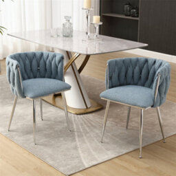 Abrihome Modern Hand Weaving Dining Chairs Set Of 2, Boucle Upholstered Side Chairs With Silver Legs, Chairs With Armrest, Light Blue