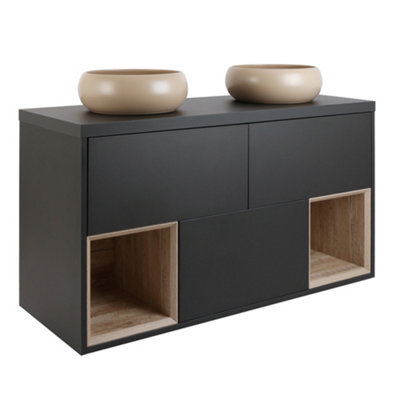 Homestylestore Black Grey 1200mm Wall Hung Bathroom Vanity Unit Round Sand Countertop Basins Open Shelves - image 1