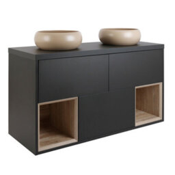 Homestylestore Black Grey 1200mm Wall Hung Bathroom Vanity Unit Round Sand Countertop Basins Open Shelves - thumbnail 1