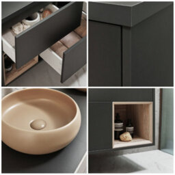 Homestylestore Black Grey 1200mm Wall Hung Bathroom Vanity Unit Round Sand Countertop Basins Open Shelves - thumbnail 2