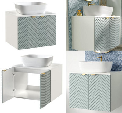Impact Furniture Wall Hung Vanity Unit With Basin 600mm Bathroom Cabinet White Countertop Fluted Green Doors Cara - image 1