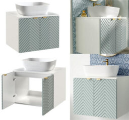 Impact Furniture Wall Hung Vanity Unit With Basin 600mm Bathroom Cabinet White Countertop Fluted Green Doors Cara - thumbnail 1